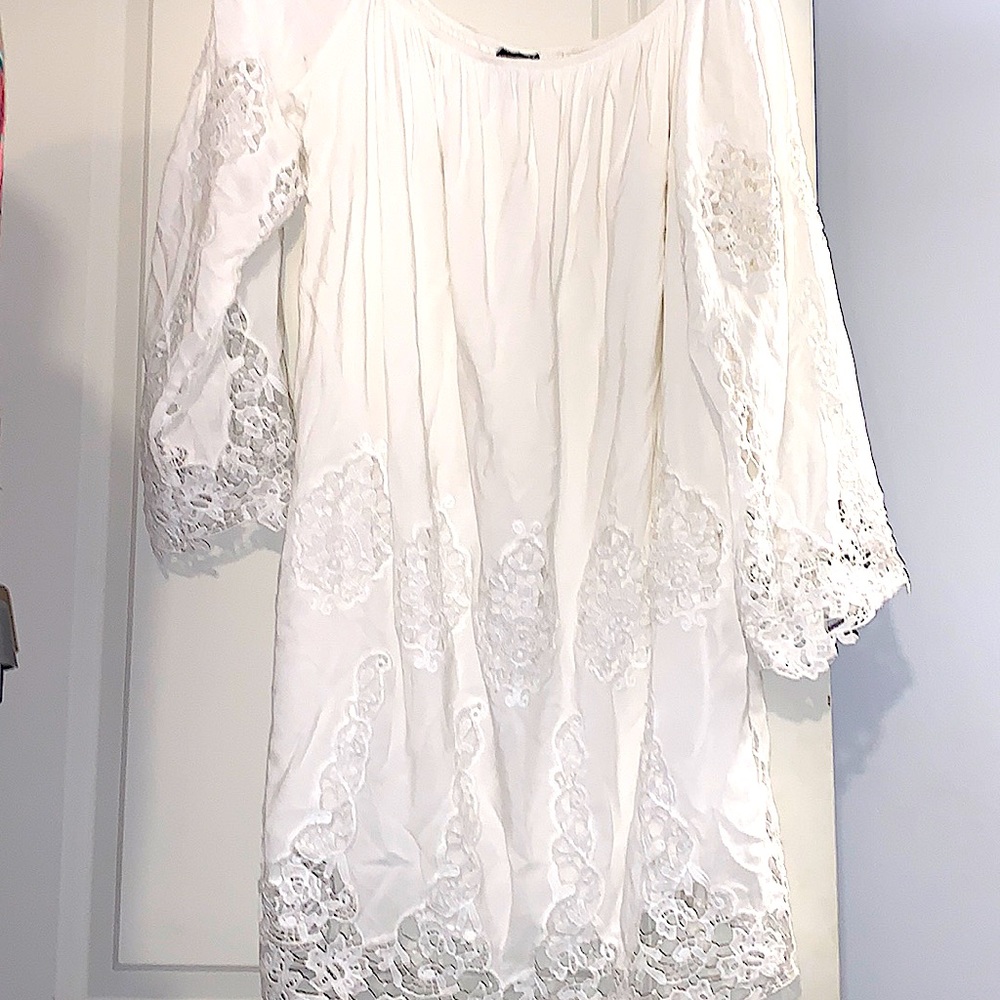 Rue21 dress, white, off the shoulders, and Flowey.